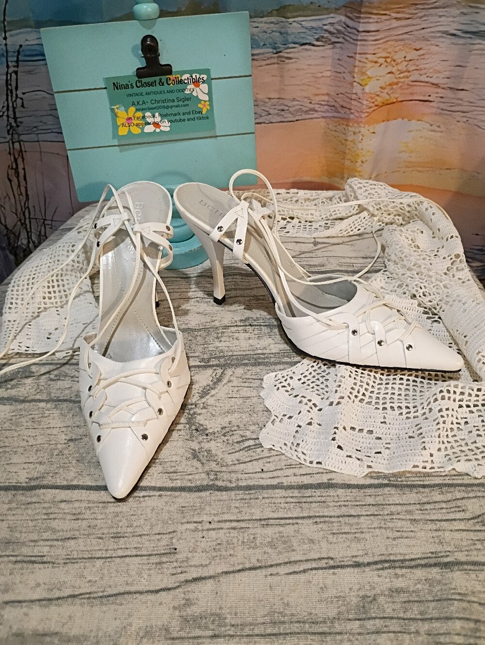 BCBGirls Women’s White Strappy Pointed Toe Heels